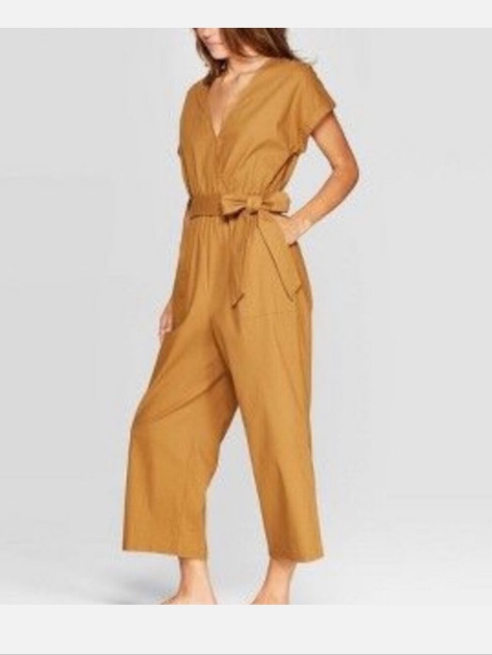 Universal Thread Mustard Tie-Waist V-Neck Jumpsuit